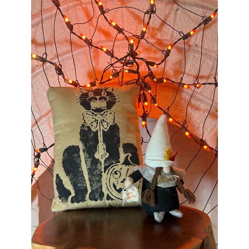 Mud Pie Fall Gnome and Handmade Halloween Cat and Pumpkin Brown Throw Pillow EUC
